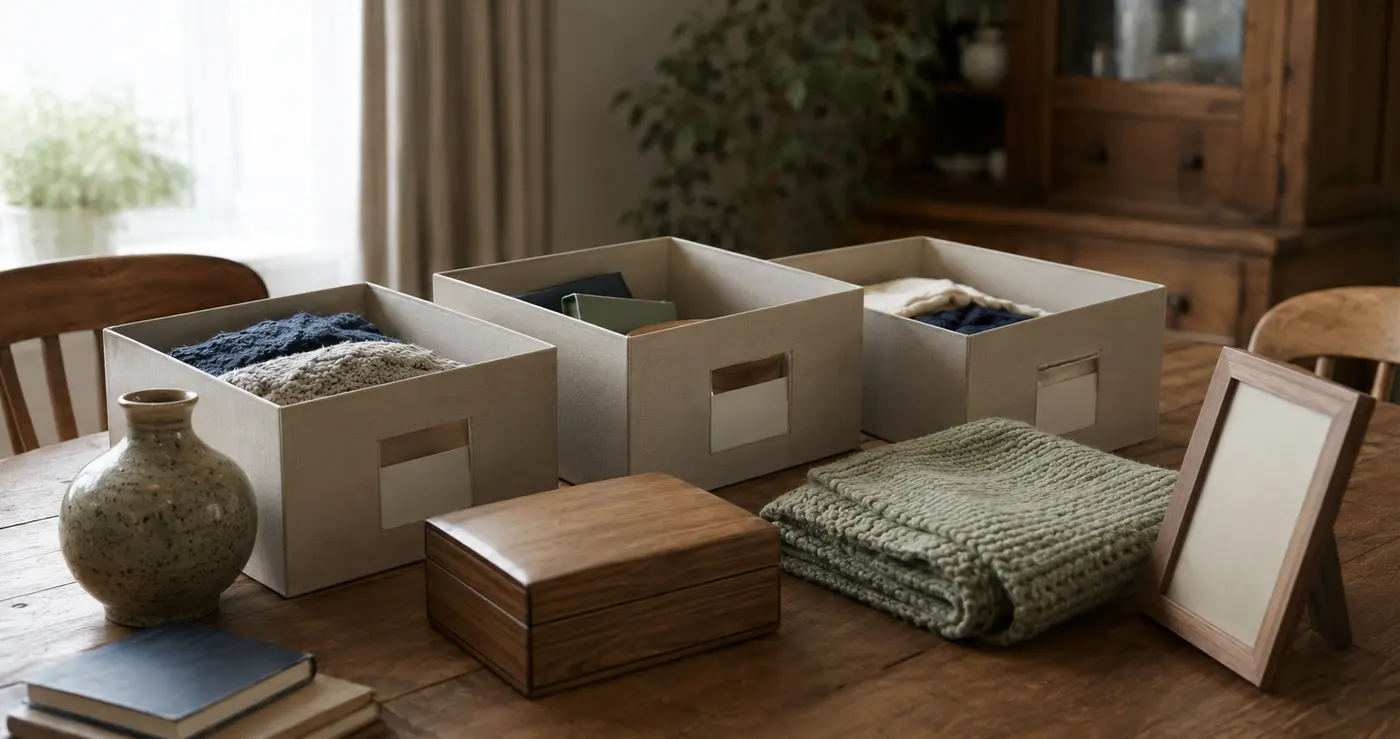 Personal belongings being carefully sorted into neutral storage boxes