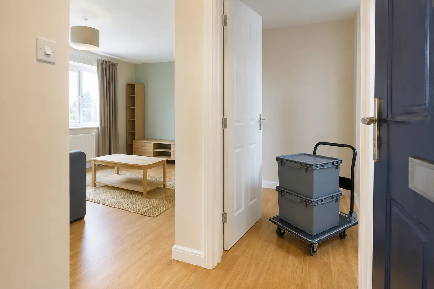 A tidy apartment entrance with two storage crates ready to leave